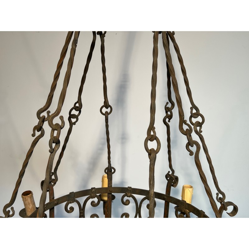 Important Wrought Iron Eight-Light Chandelier in the Gothic Style, French Work, circa 1940