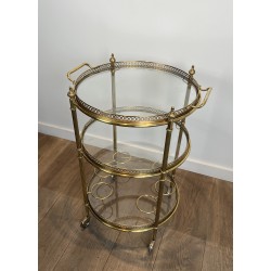 Neoclassical Three-Tier Round Brass Drinks Trolley Attributed to Maison Jansen, French Work, circa 1940