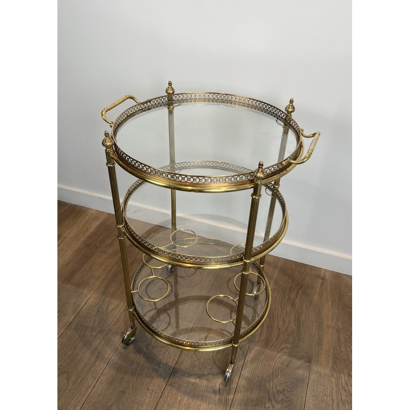 Neoclassical Three-Tier Round Brass Drinks Trolley Attributed to Maison Jansen, French Work, circa 1940