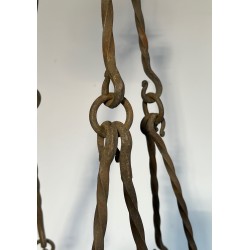 Important Wrought Iron Eight-Light Chandelier in the Gothic Style, French Work, circa 1940