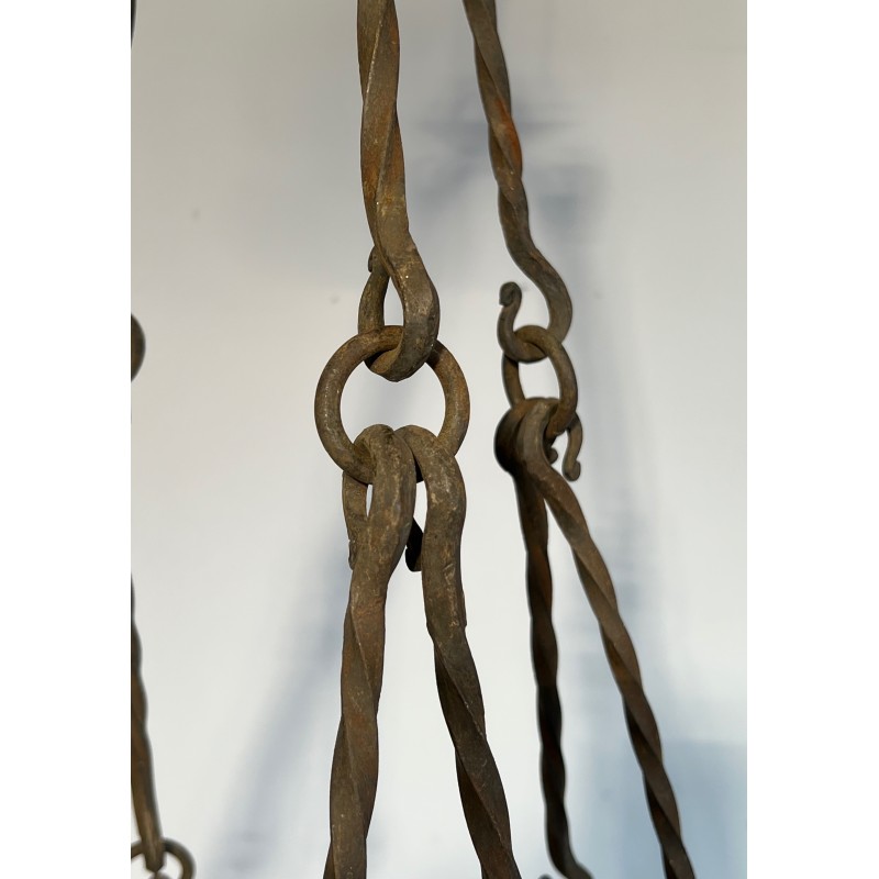 Important Lustre en Fer Forgé à Huit Bras de Lumières de Style Gothique, Travail Français, Vers 1940