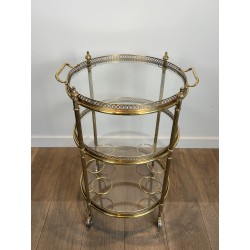 Neoclassical Three-Tier Round Brass Drinks Trolley Attributed to Maison Jansen, French Work, circa 1940