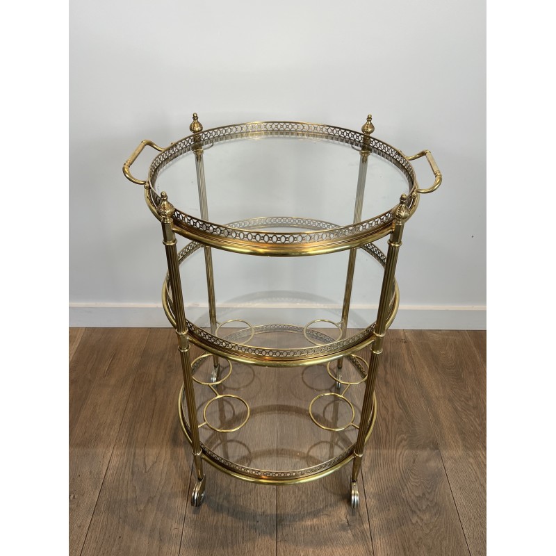 Neoclassical Three-Tier Round Brass Drinks Trolley Attributed to Maison Jansen, French Work, circa 1940
