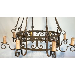 Important Wrought Iron Eight-Light Chandelier in the Gothic Style, French Work, circa 1940