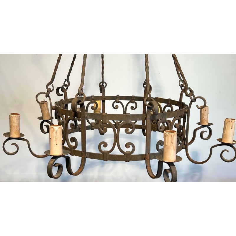 Important Wrought Iron Eight-Light Chandelier in the Gothic Style, French Work, circa 1940