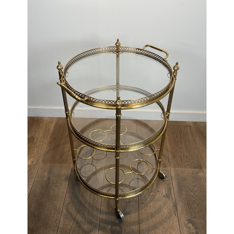 Neoclassical Three-Tier Round Brass Drinks Trolley Attributed to Maison Jansen, French Work, circa 1940