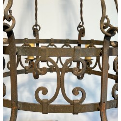 Important Wrought Iron Eight-Light Chandelier in the Gothic Style, French Work, circa 1940