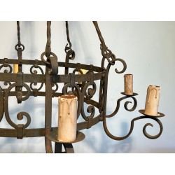 Important Wrought Iron Eight-Light Chandelier in the Gothic Style, French Work, circa 1940