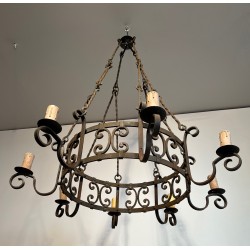 Important Wrought Iron Eight-Light Chandelier in the Gothic Style, French Work, circa 1940