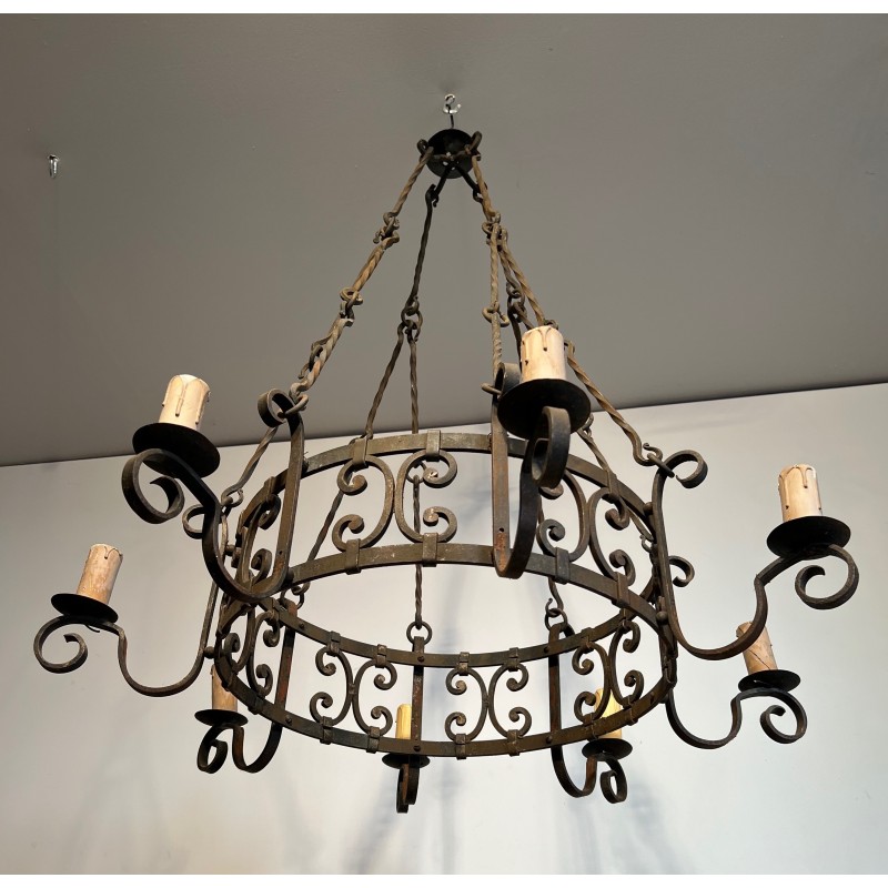 Important Wrought Iron Eight-Light Chandelier in the Gothic Style, French Work, circa 1940