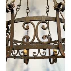 Important Wrought Iron Eight-Light Chandelier in the Gothic Style, French Work, circa 1940
