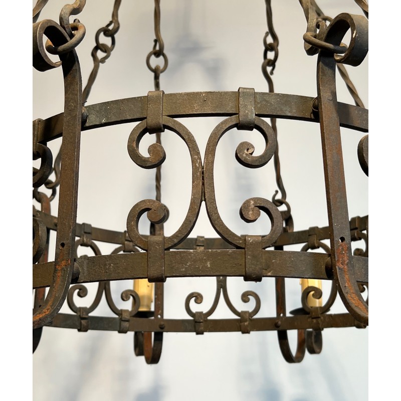 Important Wrought Iron Eight-Light Chandelier in the Gothic Style, French Work, circa 1940