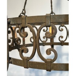 Important Wrought Iron Eight-Light Chandelier in the Gothic Style, French Work, circa 1940