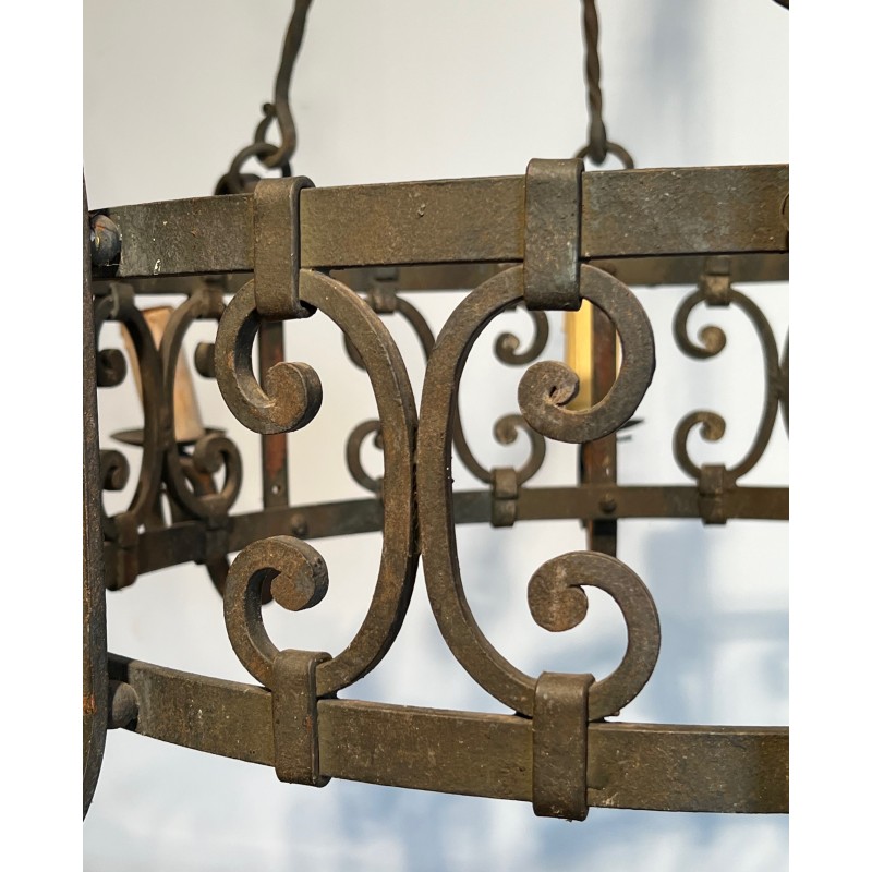 Important Wrought Iron Eight-Light Chandelier in the Gothic Style, French Work, circa 1940
