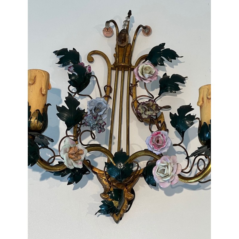Paire d'Appliques Art Déco Bronze et Fleurs de Porcelaine | Travail Français, vers 1940