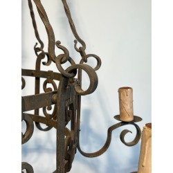 Important Wrought Iron Eight-Light Chandelier in the Gothic Style, French Work, circa 1940