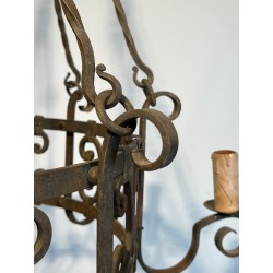 Important Wrought Iron Eight-Light Chandelier in the Gothic Style, French Work, circa 1940