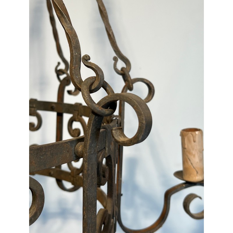 Important Wrought Iron Eight-Light Chandelier in the Gothic Style, French Work, circa 1940