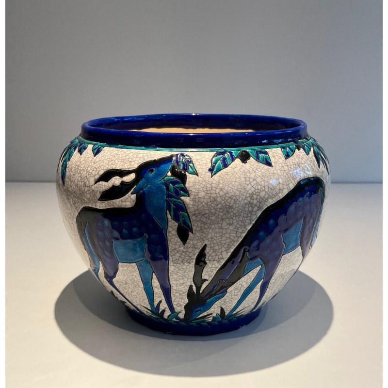 Ceramic "Deer and Doe" Planter Signed, Marked and Numbered by Charles Catteau for Keramis, Belgian Work, circa 1924