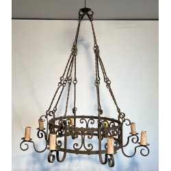 Important Wrought Iron Eight-Light Chandelier in the Gothic Style, French Work, circa 1940