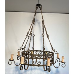 Important Wrought Iron Eight-Light Chandelier in the Gothic Style, French Work, circa 1940