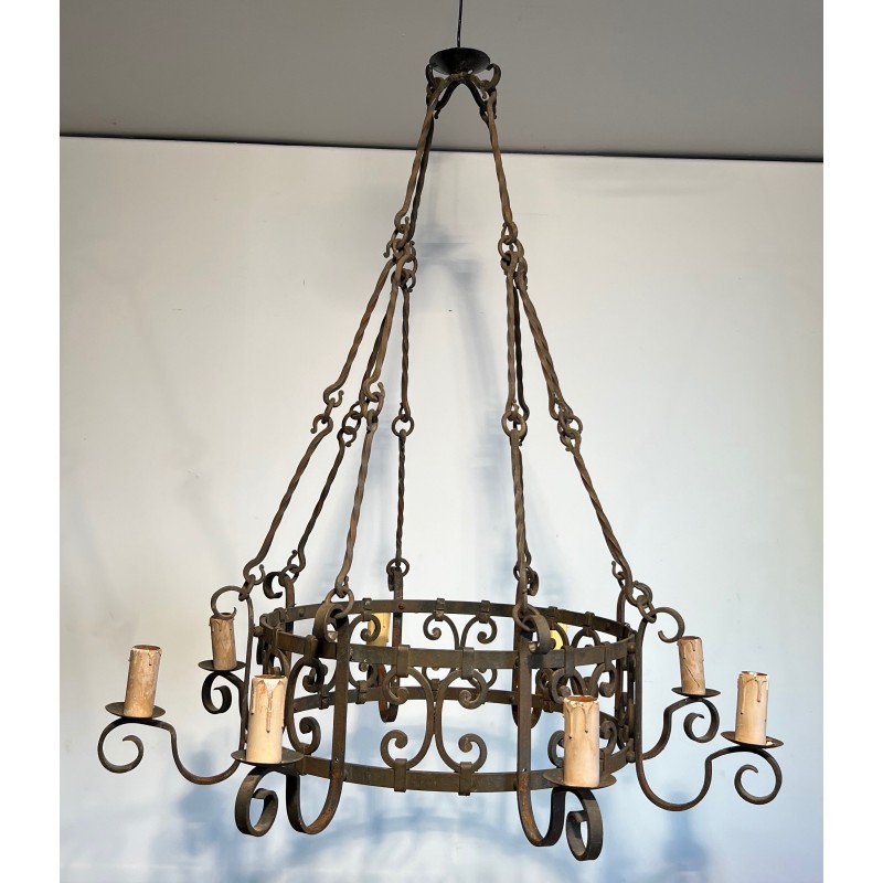 Important Wrought Iron Eight-Light Chandelier in the Gothic Style, French Work, circa 1940