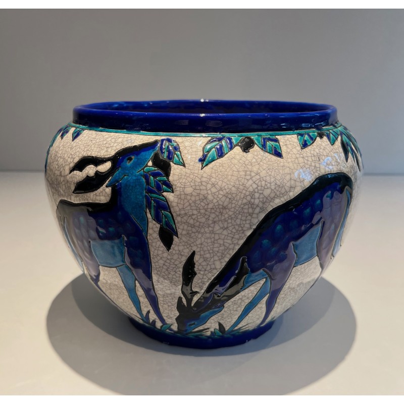 Ceramic "Deer and Doe" Planter Signed, Marked and Numbered by Charles Catteau for Keramis, Belgian Work, circa 1924