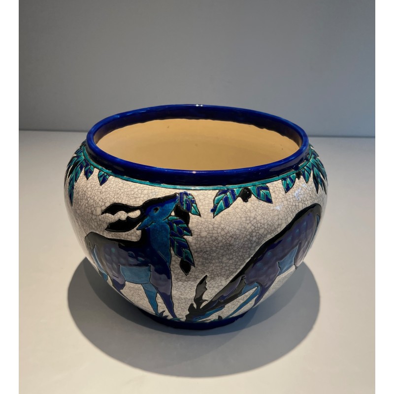 Ceramic "Deer and Doe" Planter Signed, Marked and Numbered by Charles Catteau for Keramis, Belgian Work, circa 1924