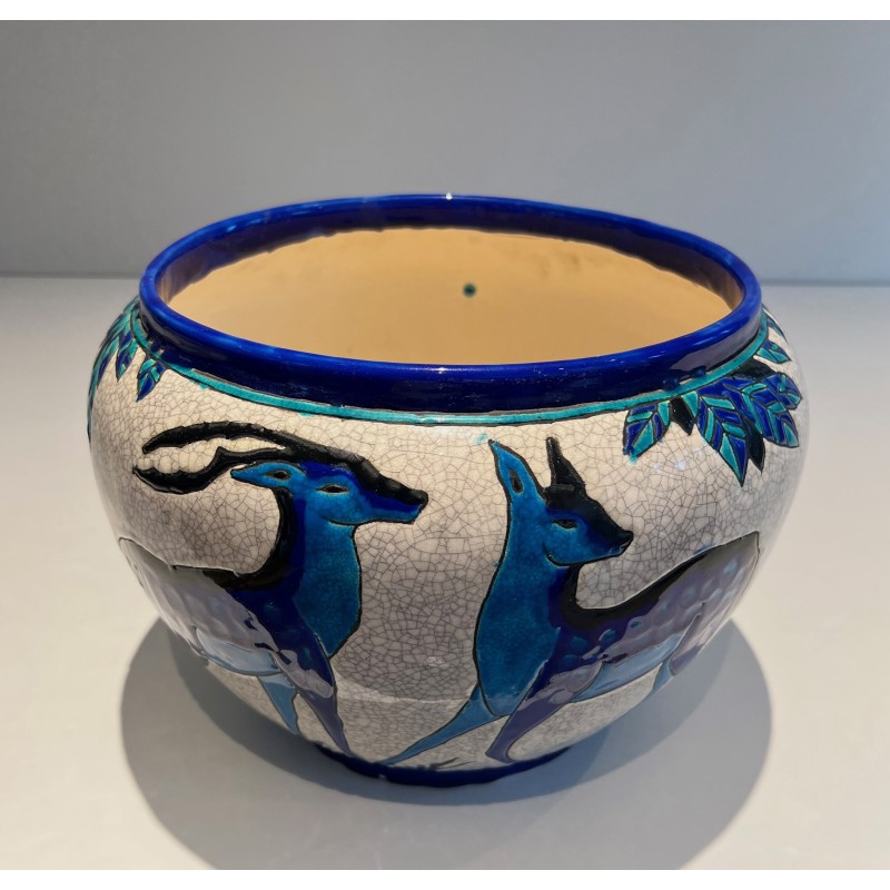 Ceramic "Deer and Doe" Planter Signed, Marked and Numbered by Charles Catteau for Keramis, Belgian Work, circa 1924