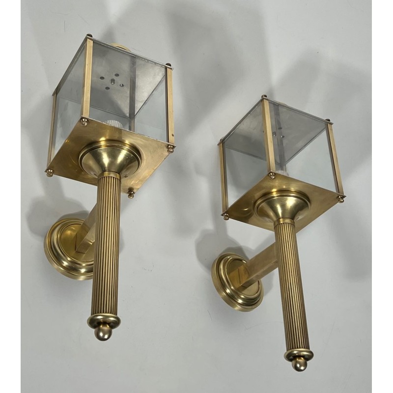 Pair of Neoclassical Style Brass Lanterns Wall Lights by Maison Jansen