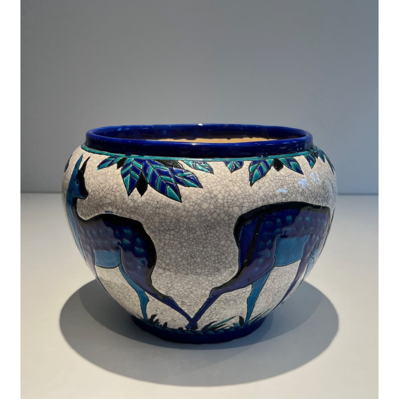 Ceramic "Deer and Doe" Planter Signed, Marked and Numbered by Charles Catteau for Keramis, Belgian Work, circa 1924