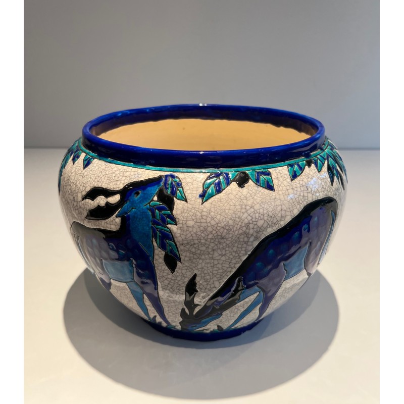 Ceramic "Deer and Doe" Planter Signed, Marked and Numbered by Charles Catteau for Keramis, Belgian Work, circa 1924