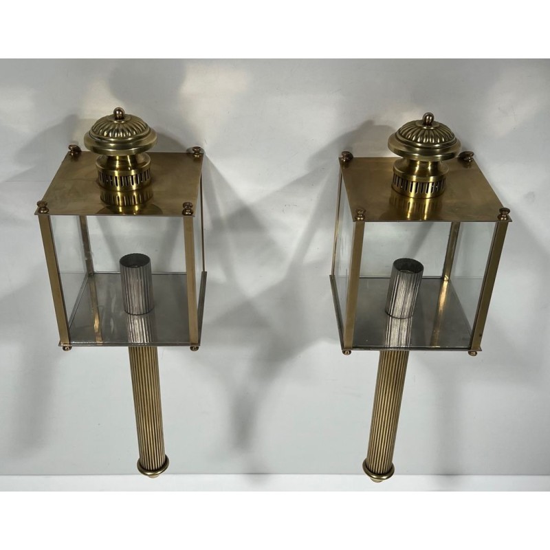 Pair of Neoclassical Style Brass Lanterns Wall Lights by Maison Jansen