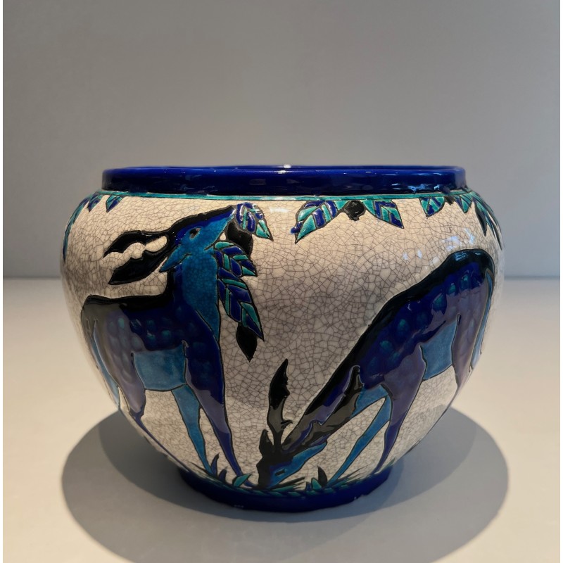 Ceramic "Deer and Doe" Planter Signed, Marked and Numbered by Charles Catteau for Keramis, Belgian Work, circa 1924