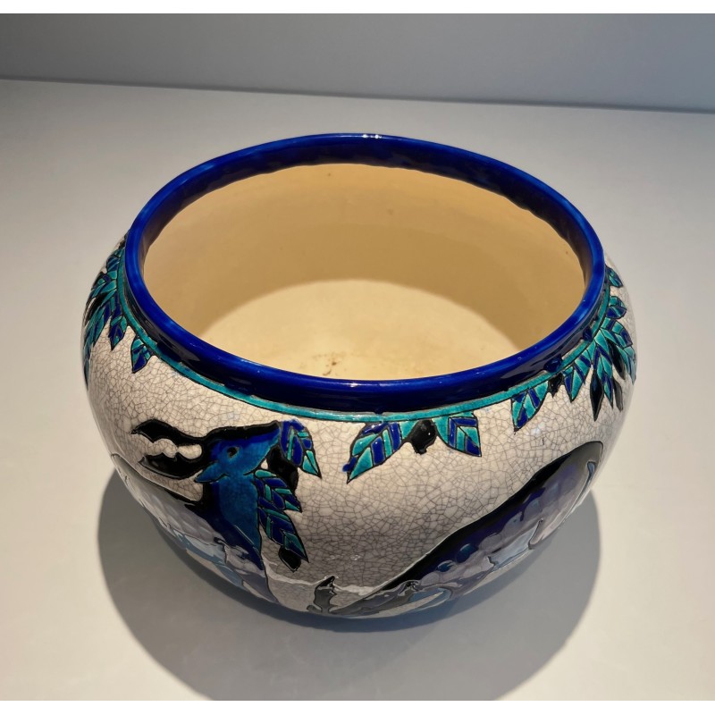 Ceramic "Deer and Doe" Planter Signed, Marked and Numbered by Charles Catteau for Keramis, Belgian Work, circa 1924