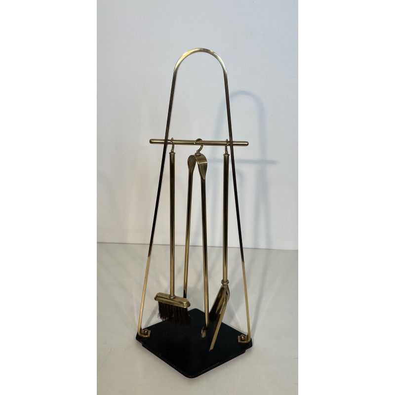 Design Fireplace Tools Set on Stand in Black Lacquered Metal and Brass, French Work, circa 1970