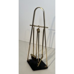 Nécessaire de Feu Design en Métal Laqué Noir et Laiton sur Pied, Travail Français, Vers 1970
