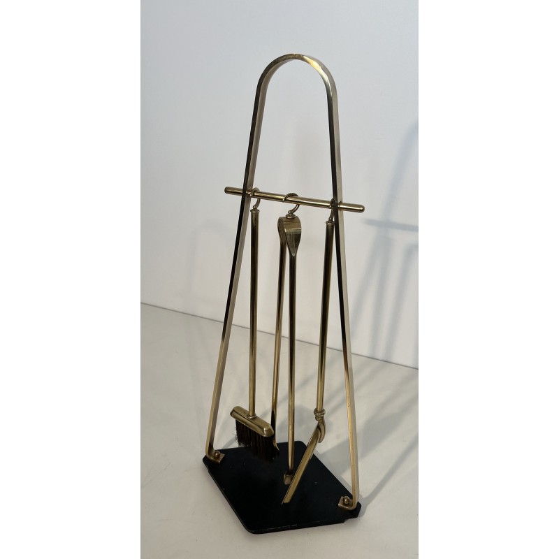 Design Fireplace Tools Set on Stand in Black Lacquered Metal and Brass, French Work, circa 1970