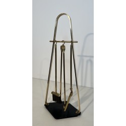 Nécessaire de Feu Design en Métal Laqué Noir et Laiton sur Pied, Travail Français, Vers 1970