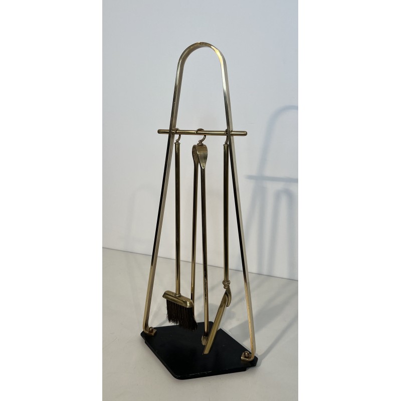 Nécessaire de Feu Design en Métal Laqué Noir et Laiton sur Pied, Travail Français, Vers 1970