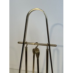 Design Fireplace Tools Set on Stand in Black Lacquered Metal and Brass, French Work, circa 1970