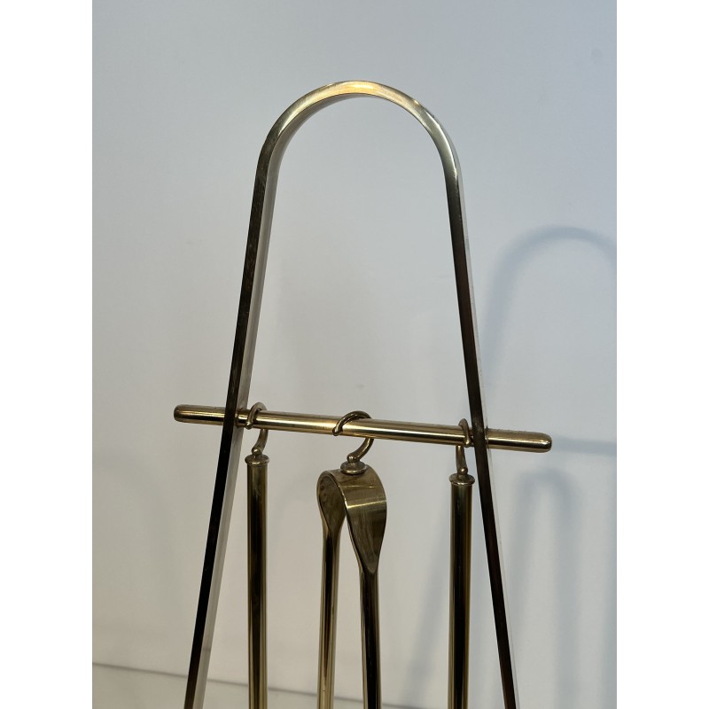Nécessaire de Feu Design en Métal Laqué Noir et Laiton sur Pied, Travail Français, Vers 1970