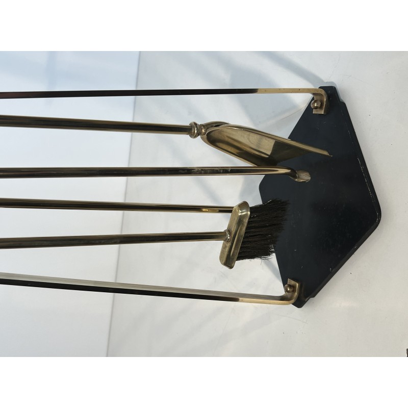Design Fireplace Tools Set on Stand in Black Lacquered Metal and Brass, French Work, circa 1970