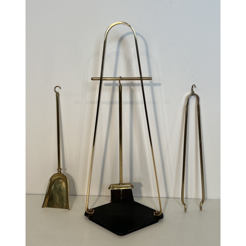 Design Fireplace Tools Set on Stand in Black Lacquered Metal and Brass, French Work, circa 1970