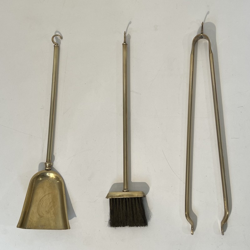 Nécessaire de Feu Design en Métal Laqué Noir et Laiton sur Pied, Travail Français, Vers 1970