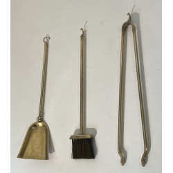 Design Fireplace Tools Set on Stand in Black Lacquered Metal and Brass, French Work, circa 1970