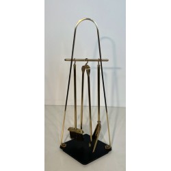 Design Fireplace Tools Set on Stand in Black Lacquered Metal and Brass, French Work, circa 1970