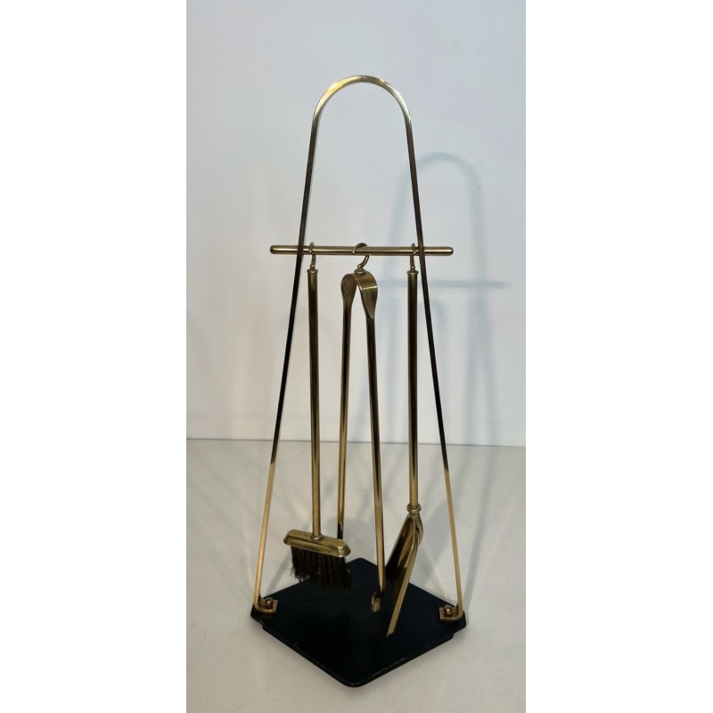 Design Fireplace Tools Set on Stand in Black Lacquered Metal and Brass, French Work, circa 1970