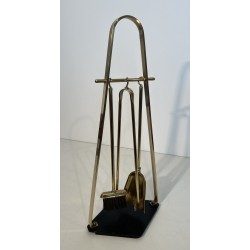 Design Fireplace Tools Set on Stand in Black Lacquered Metal and Brass, French Work, circa 1970