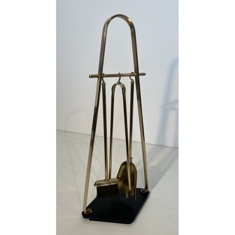 Design Fireplace Tools Set on Stand in Black Lacquered Metal and Brass, French Work, circa 1970